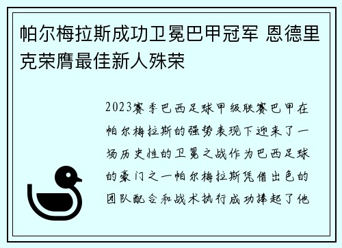 帕尔梅拉斯成功卫冕巴甲冠军 恩德里克荣膺最佳新人殊荣 帕尔梅拉斯成功卫冕巴甲冠军 恩德里克荣膺最佳新人殊荣