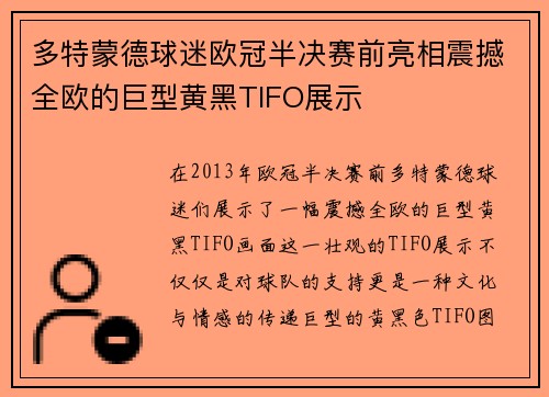 多特蒙德球迷欧冠半决赛前亮相震撼全欧的巨型黄黑TIFO展示